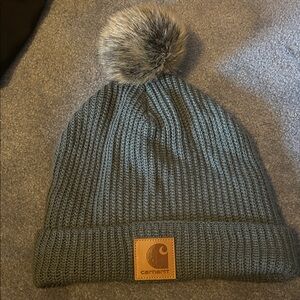 Carhartt Dark Green Knit Beanie with Faux Fur Pom